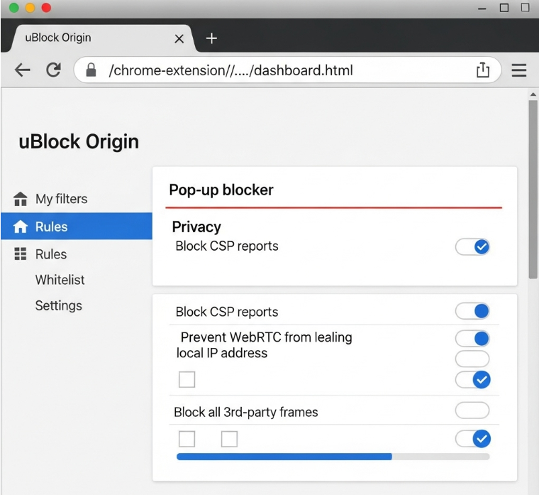 브라우저에 설치된 uBlock Origin 광고 차단 확장 프로그램의 설정 화면 캡처. 팝업 차단과 개인정보 보호 설정이 강조된 이미지. 브라우저에 설치된 uBlock Origin 광고 차단 확장 프로그램의 설정 화면 캡처. 팝업 차단과 개인정보 보호 설정이 강조된 이미지.